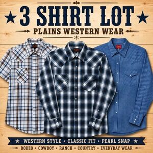 Lot of 3 Plains Western Rodeo  Cowboy Wear Men's Work Western Shirts Large